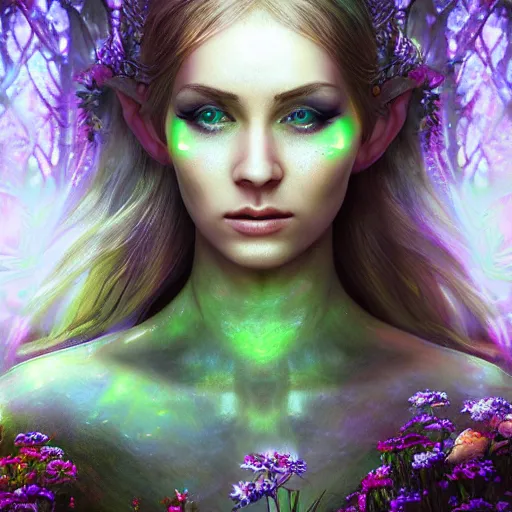 Image similar to Photorealistic elven goddess of the majestic Sprite forest. Hyperdetailed photorealism, 108 megapixels, amazing depth, glowing rich colors, powerful imagery, psychedelic Overtones, 3D finalrender, 3d shading, cinematic lighting, artstation concept art