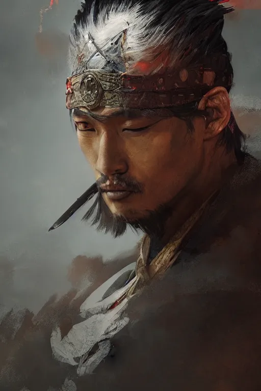 Image similar to samurai warrior, close - up portrait, fierce, intricate, elegant, volumetric lighting, scenery, digital painting, highly detailed, artstation, sharp focus, illustration, concept art, ruan jia, steve mccurry