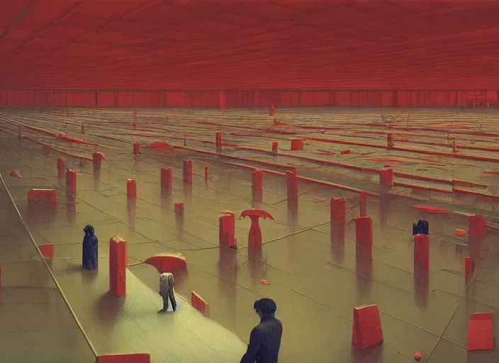 Prompt: flooded floor inside Amazon fulfillment center, people stacked on shelves in red plastic bags, flooded Edward Hopper and James Gilleard, Zdzislaw Beksinski, highly detailed