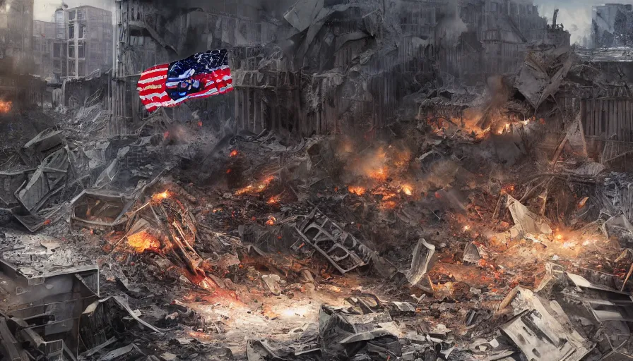 Image similar to destroyed washingon dc, man planting the torn dirty american flag on the ruins of a building, debris, hyperdetailed, artstation, cgsociety, 8 k