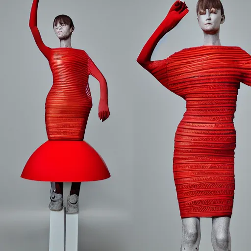 Prompt: woman wearing a cup ramen dress designed by issey miyake