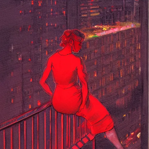 Prompt: a beautiful artwork of a woman in red dress sitting on the balcony of a hotel at night, top view, neon and rainy theme atmosphere by Jerome Opeña, featured on artstation