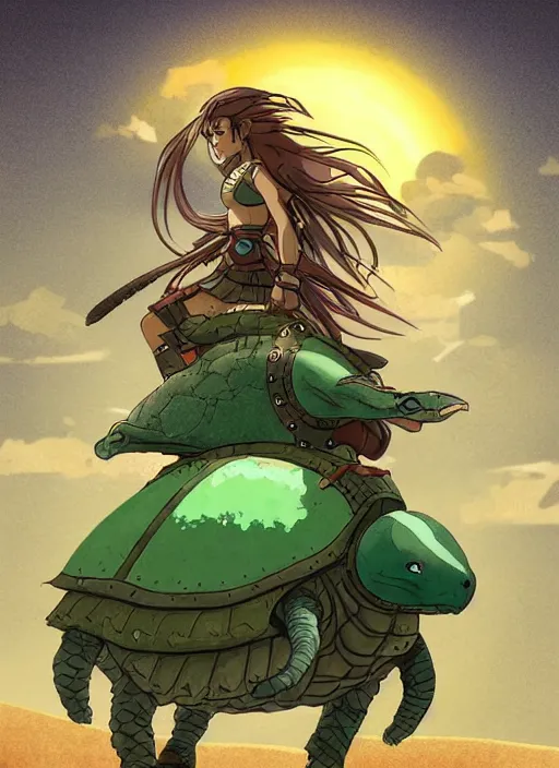 Prompt: portrait of a little warrior girl character riding on top of a giant armored turtle in the desert, studio ghibli epic character with dark skin and beautiful green eyes, very beautiful detailed symmetrical face, long black hair, bright colors, diffuse light, dramatic landscape, fantasy illustration