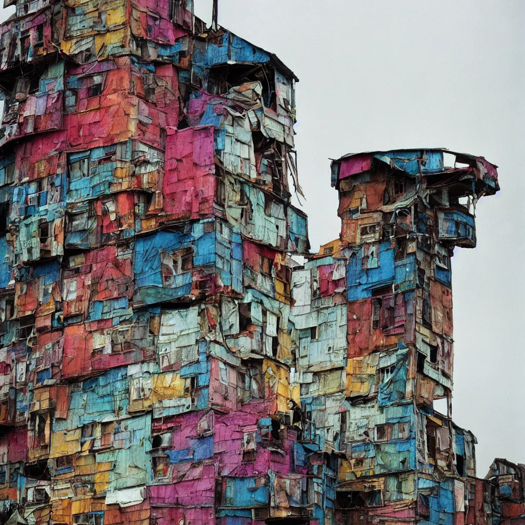 Prompt: close - up view of a tower made up of colourful makeshift squatter shacks, bleached colours, moody cloudy sky, dystopia, mamiya rb 6 7, very detailed, photographed by bruno barbey and brett whitely