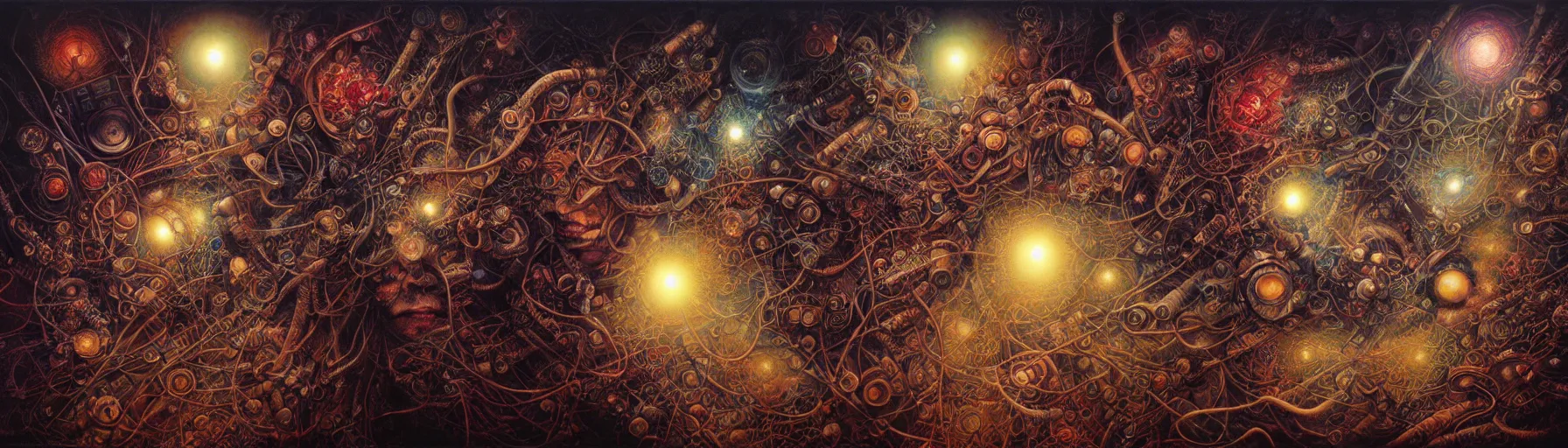 Image similar to dense web of neurons firing, psychedelic lights and fog, guns n roses imagery, zdzislaw, ayami kojima, yamamoto, barclay shaw, karol bak, hyperrealist, 8 k, steampunk