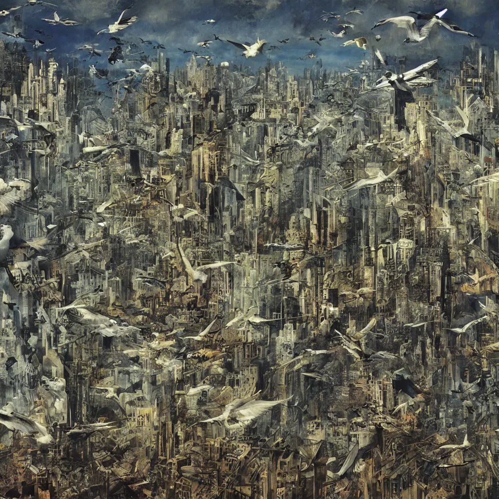 Image similar to digital birds fly over a progressively rasterized city into virtuality, oil on canvas by dave mckean and ivan shishkin