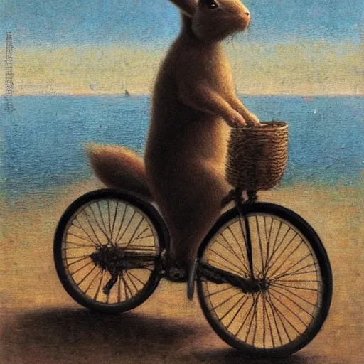 Image similar to rabbit riding a bike by the lake, by michael sowa.