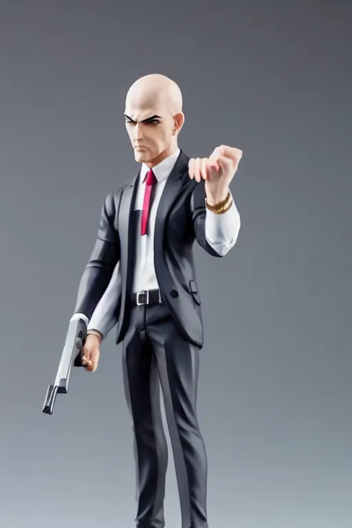 Prompt: still figurine of hitman wearing an elegant summer blouse, official store photo, commercial photo, studio lighting, featured on amiami, 8 k, 8 5 mm, f. 1 4, beautiful composition