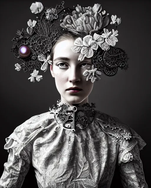 Image similar to masterpiece monochrome profile portrait painting, dutch masters, silver lace floral steampunk biomechanical beautiful one techno eye young female cyborg, big monocular, volumetric light, leaves foliage and stems, hibiscus flowers, by cecile beaton, rim light, big gothic fashion pearl embroidered collar, 8 k