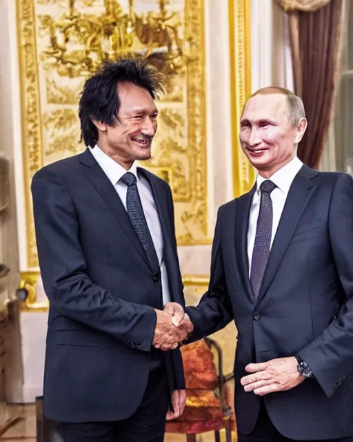 Image similar to sixty years old viktor tsoi with joyful look in a business suit shaking hands with vladimir putin in kremlin, moscow, color photo, mid shot photo, official photo, digital photo, 4 k