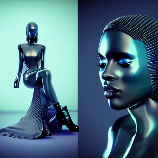 Image similar to futuristic yeezy inspired avant-garde art, deco fashion, highly detailed, photorealistic portrait, bright studio setting, studio lighting, crisp quality and light reflections, unreal engine 5 quality render