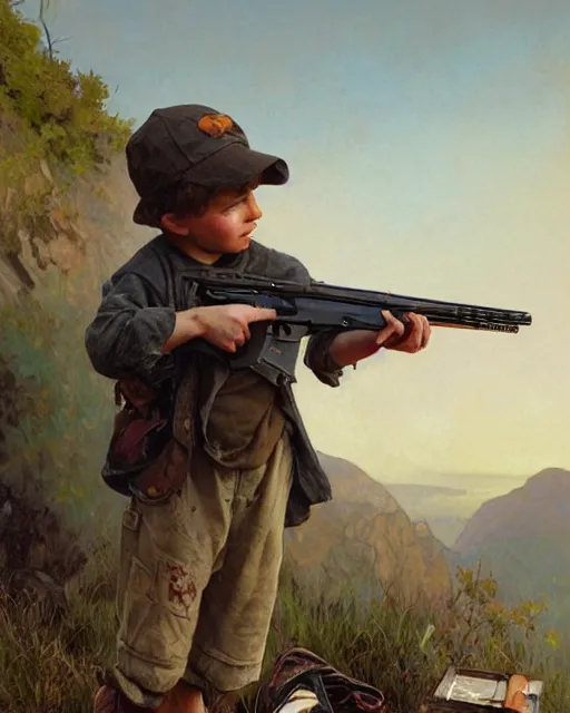 Image similar to side portrait of an Appalachian boy playing with a dusty cap gun, detailed features, dirt, Appalachian mountains, sharp focus, illustration, highly detailed, oil painting, matte, art by Greg Rutkowski and Alphonse Mucha, masterpiece