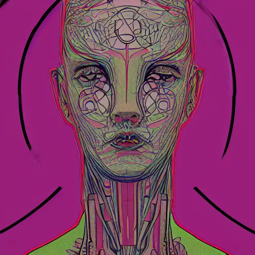 Image similar to portrait of human face inside is out of the skin, art nouveau, cyberpunk, grainy image