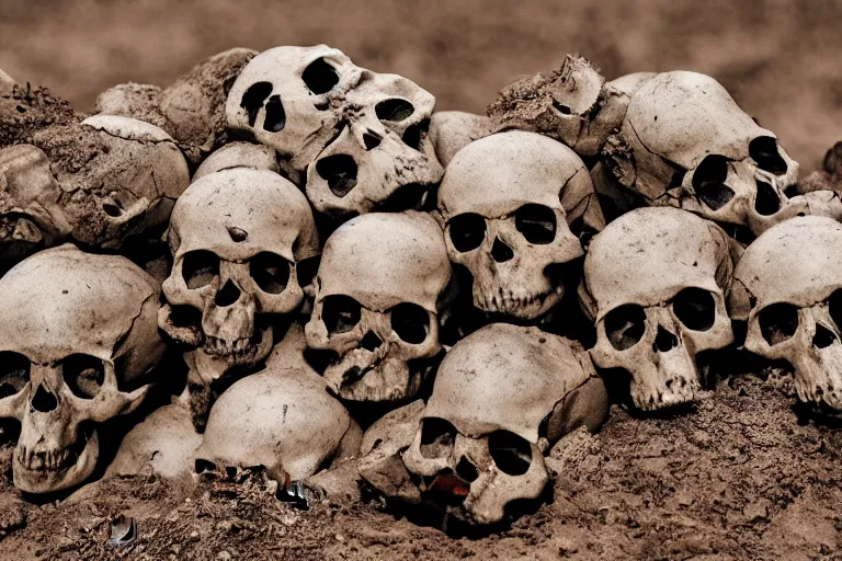 Image similar to A pile of human skulls on the dry cracked dirt ground, HD, 8k, cinematic shot, highly detailed, low saturation