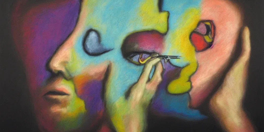 Image similar to pastel abstract painting of a man removing a nail from his third eye