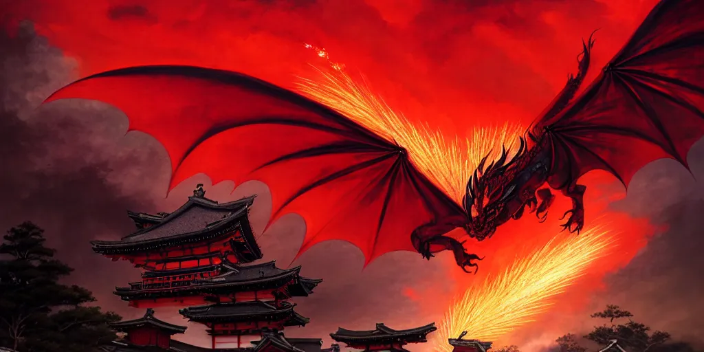 Prompt: Stunning Portrait of A Red dragon flying above a Feudal Japan temple, during a fire works festival at night by Kim Jung Gi, Blizzard Concept Art Studio Ghibli. oil paint. 4k. by brom, Intense fireworks by Ross Tran, Greg Rutkowski, Mark Arian, soft render, octane, highly detailed painting, artstation