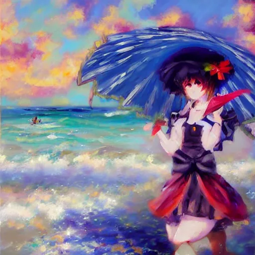 Image similar to Beautiful abstract impressionist painting of Kirisame Marisa from the Touhou project at the beach, touhou project official artwork, danbooru, oil painting by Antoine Blanchard, award winning art, oil on canvas , wide strokes, pastel colors, soft lighting