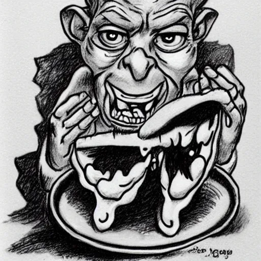 Prompt: a caricature drawing of gollum being eaten by a pizza