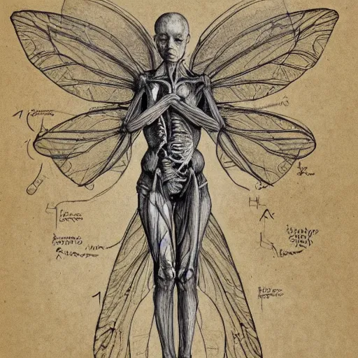 Prompt: anatomical diagram pencil sketch of a fairy, insanely detailed, labeled diagram, medical illustration, insanely intricate, written notes, text, journal paper, watercolor, stains