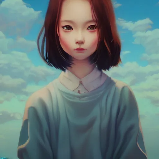 Prompt: a beautiful scenic painting of a beautiful young woman that looks like chihiro from spirited away by artgerm and wlop and wes anderson and spike jonze