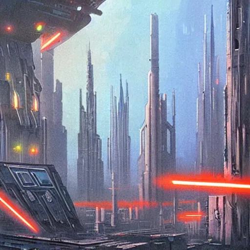 Image similar to dystopian evil cyberpunk cityscape, giant spires and buildings, 1 9 7 0 s star wars concept art painting