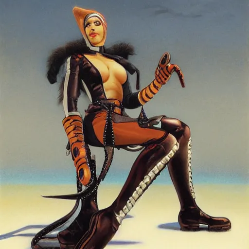 Prompt: spandex, gloves and boots, by gerald brom