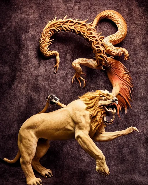 Image similar to photographs of a mythical manticore, a legendary animal with the head of a man, the body of a lion, and the tail of a dragon or scorpion 5 0 mm, studio lighting, in the style of national geographic