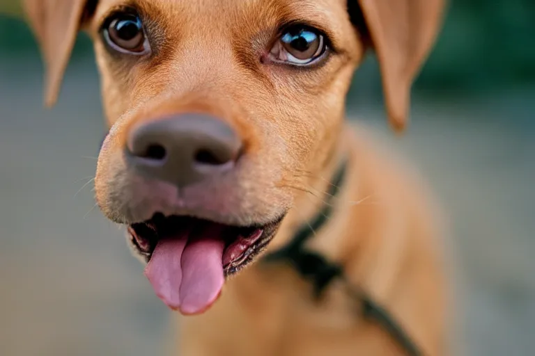 Prompt: closeup portrait of a small light brown dog tongue on nose, natural light, sharp, detailed face, magazine, press, photo, Steve McCurry, David Lazar, Canon, Nikon, focus