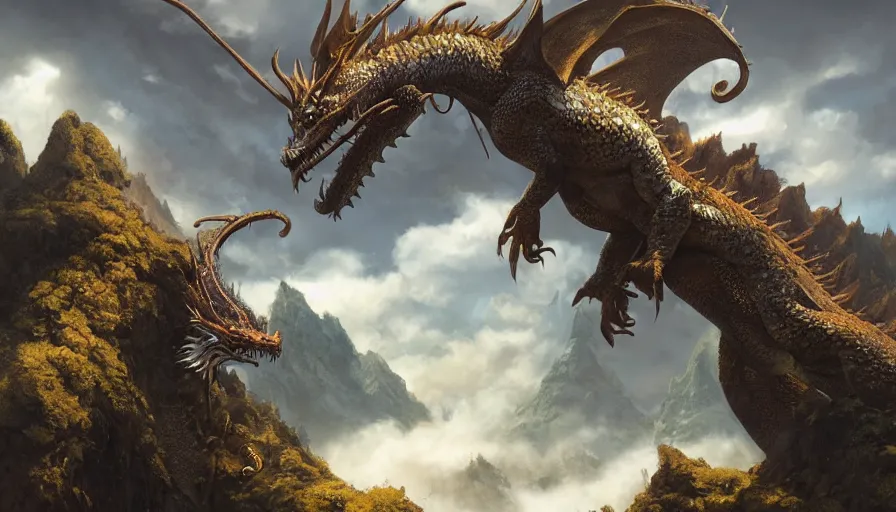 Image similar to excellent painted dragon in a phantastic landscape under bright daylight with fluffy clouds, set in the world of Zendikar, painted by Hans Fredrik Gude, Greg Rutkowksi, Craig Mullins and Artgerm, concept art 2022, 4k, octane render