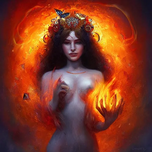 Prompt: The Butterfly Goddess of Fire, digital art, trending on artstation, celshaded, cute, professional illustration by Seb McKinnon, ArtGerm, cgsociety, fantasy, magic - H 768