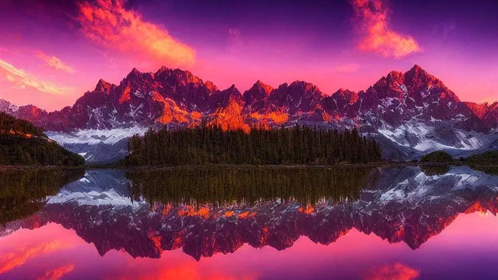 Prompt: amazing landscape photo of mountains with lake in sunset and purple sky by marc adamus, beautiful dramatic lighting