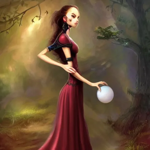 Image similar to a woman in a long dress holding a ball in her hand, concept art by anne stokes, featured on cgsociety, fantasy art, wiccan, dark and mysterious, mystical