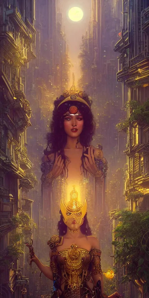 Image similar to golden ornate goddess looking at a hyper realistic cyberpunk city, busy crowded market street overtaken by lush plants, full moon, light rays, gnarly trees by tom bagshaw, mucha, gaston bussiere, craig mullins, j. c. leyendecker 8 k