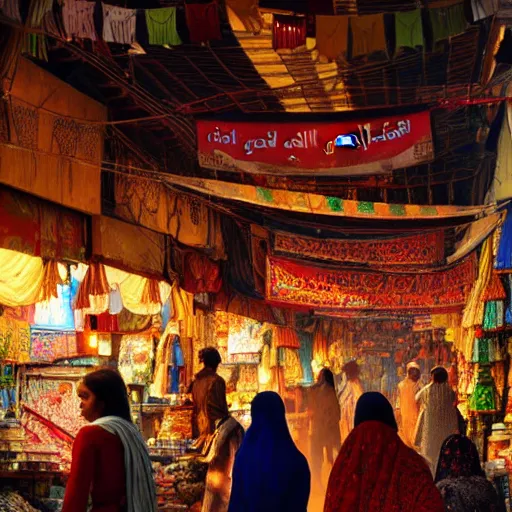 Image similar to bazaar in delhi. art by salman toor. global illumination, radiant light, detailed and intricate environment, atmospheric light, cinematic, trending on artstation