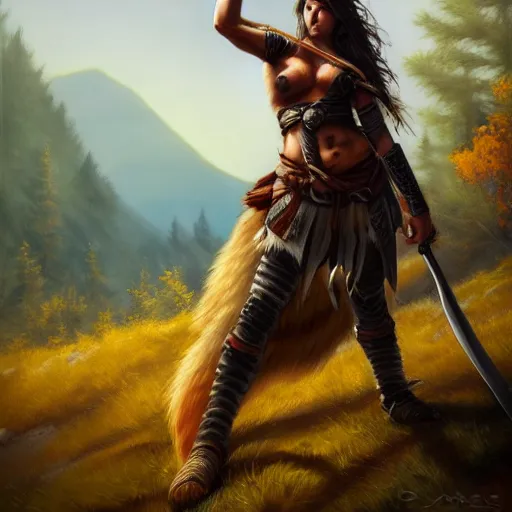 Image similar to a warrior woman in rests an axe on her shoulder, she is grabbing a nearby tree, looking onto the horizon, next to her is a wolf companion, fall, mountain landscape, portrait by magali villeneuve, 4 k, artstation, realistic, magic the gathering