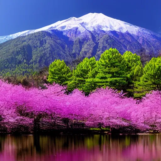 Prompt: forest and lakes with purple Sakura flowers with snow mountains at the background, masterpiece