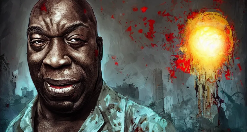 Image similar to angry zombie portrait of michael clarke duncan, an urban background szene, grimdark horror, stylized digital illustration, radiating a glowing aura, global illumination, ray tracing, hdr, fanart arstation by ian pesty and katarzyna bek - chmiel