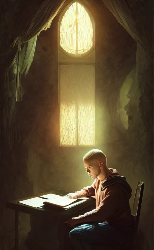Image similar to portrait of eminem writing in the dark, deep focus, d & d, fantasy, intricate, elegant, highly detailed, digital painting, artstation, concept art, matte, sharp focus, illustration, art by artgerm and greg rutkowski and alphonse mucha