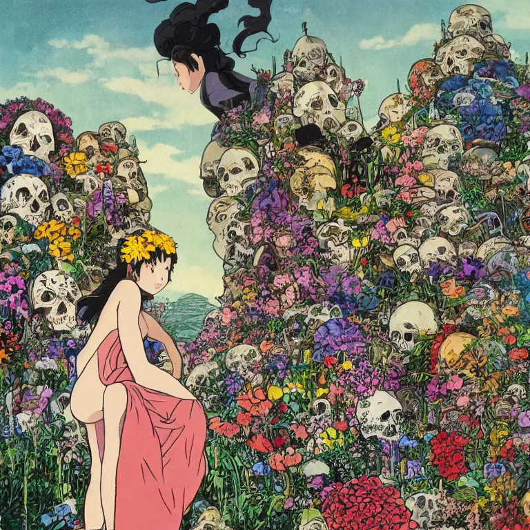 Image similar to young goddess peering from behind an enormous conical pile of skulls with flowers behind her, lush painting in the style of studio ghibli