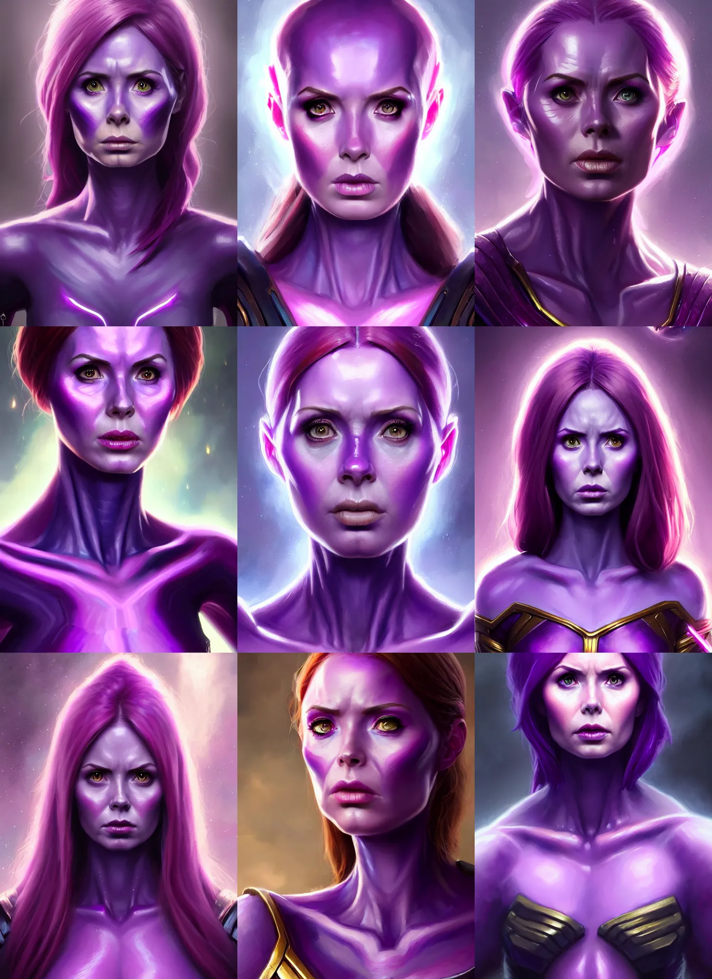 Prompt: a fantasy style portrait painting a character if nebula ( karen gillan ) and thanos had a daughter, purple skin, powerful chin, thanos style traits, painting, unreal 5, daz., rpg, portrait, extremely detailed, artgerm greg rutkowski _ greg