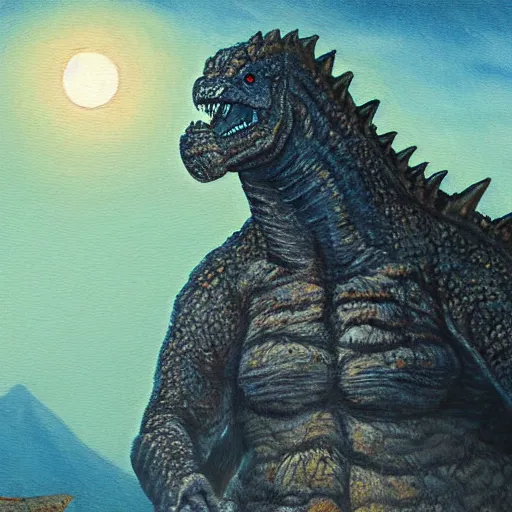 Image similar to paleoart painting of Godzilla in the style of Charles R. Knight