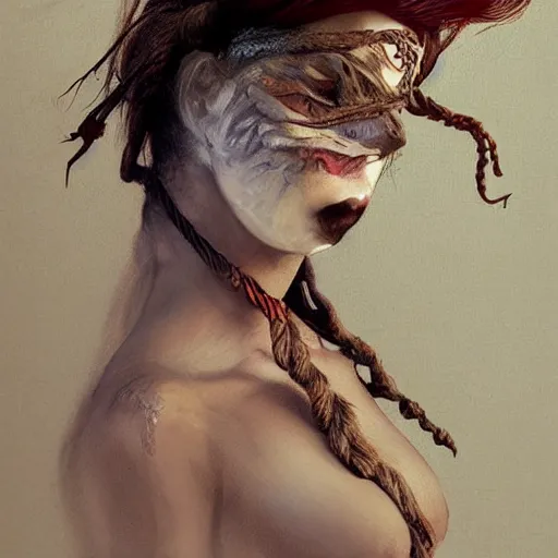 Prompt: portrait of a Shibari rope wrapped face and neck, headshot, insanely nice professional hair style, dramatic hair color, digital painting, of a old 18th century, tourist, wrap around eye patch, amber jewels, baroque, ornate clothing, scifi, realistic, hyper detailed, child, chiaroscuro, concept art, art by Franz Hals and Jon Foster and Ayami Kojima and Amano and Karol Bak,