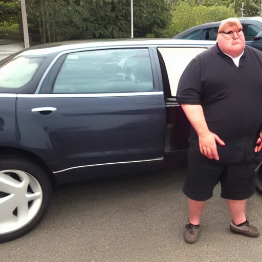 Prompt: Real life Peter Griffin from family guy driving a car