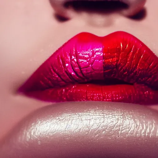 Prompt: extreme close up of a woman's lips wearing red lipstick, iridescent lollipop