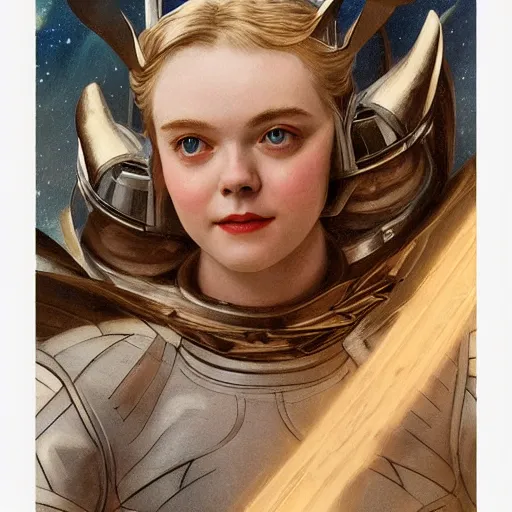 Image similar to Elle Fanning as a Valkyrie in space, artstation, by J. C. Leyendecker and Peter Paul Rubens, Extremely detailed. 8K. Award winning.