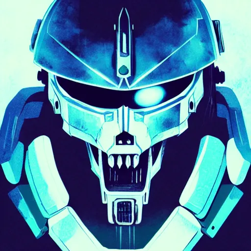 Image similar to close up portrait of a violent 40th century Space Pirate, most wanted warhammer 40k criminal, wolf skull helmet, futuristic data traveler, Ghost in the shell, Akira, cyberpunk vilain, Blade Runner