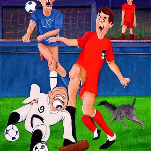 Image similar to beautiful lifelike painting of two bros having a sick time at rival soccer match in dog world, hyperreal detailed facial features and uv lighting, art by ed roth and basil wolverton