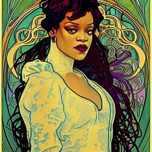 Image similar to Rihanna portrait, art nouveau, alphonse mucha