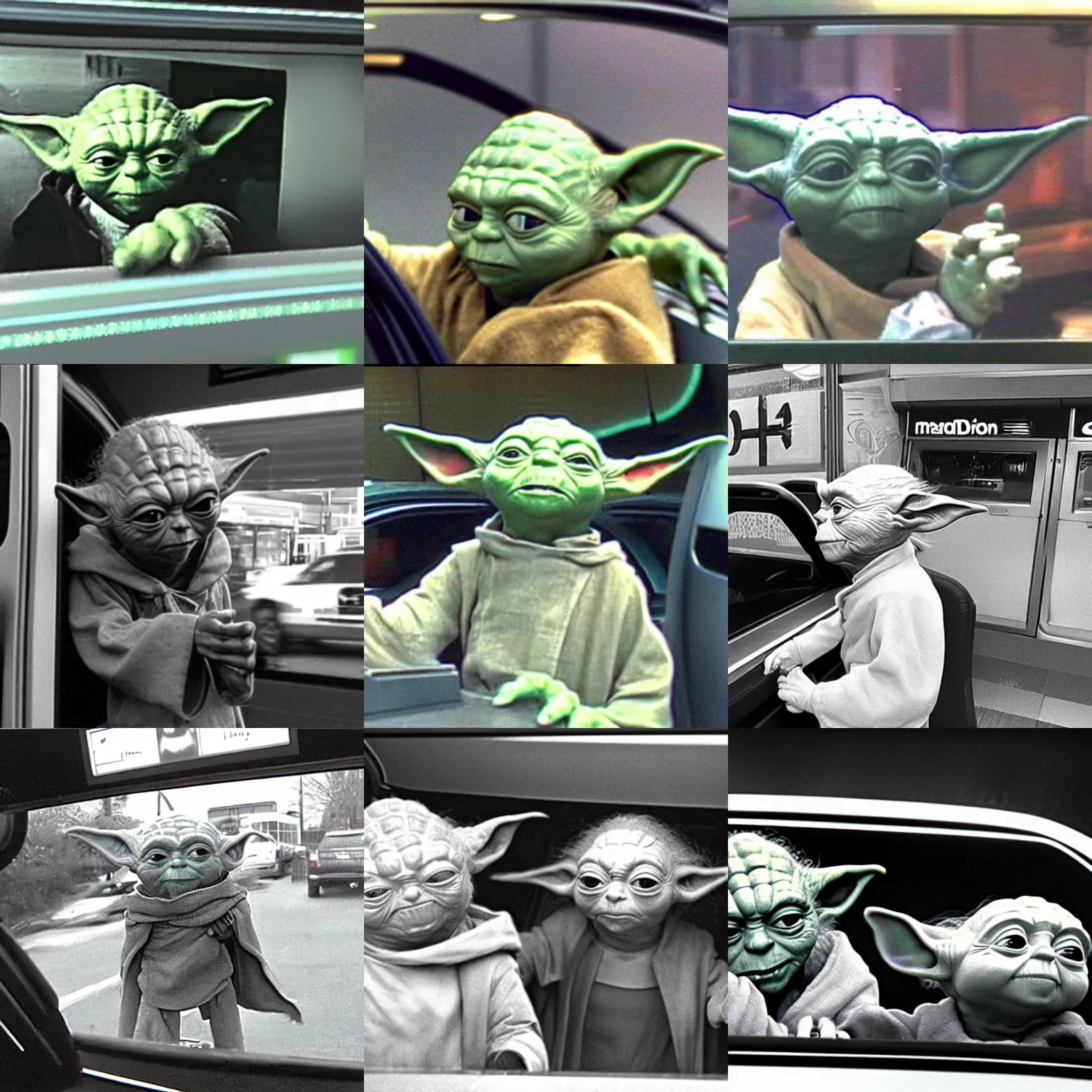 Prompt: yoda in the mcdonald's drive through, cctv cam footage