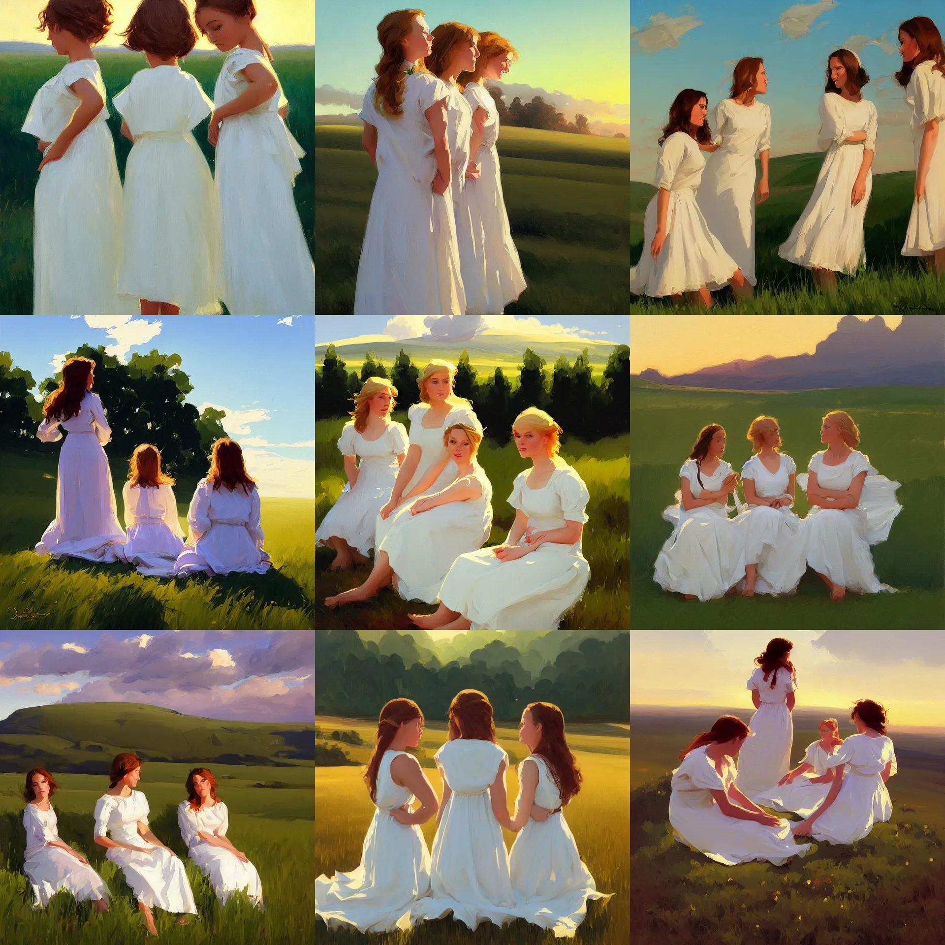 Prompt: three sitting girl in white dresses between clouds above green fields in sunset light, portrait, elegant, intricate, digital painting, artstation, concept art, smooth, sharp focus, illustration, art by ed mell and Daniel F. Gerhartz and Jacek Malczewski